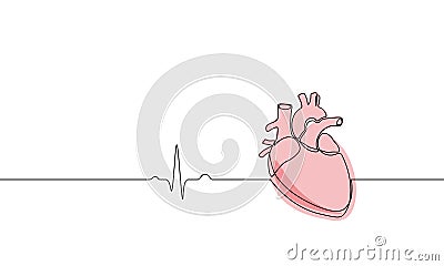 Single continuous line art anatomical human heart silhouette. Healthy medicine concept design one sketch outline drawing Vector Illustration