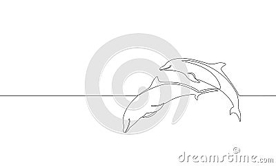 Single continuous line art marine dolphin swim jump silhouette. Nature ocean ecology life environment concept. Big sea Vector Illustration