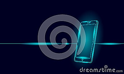 Single continuous line art smartphone. Mobile phone touch screen gadget modern technology neon blue glow design one Vector Illustration