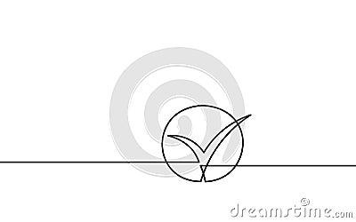 Single continuous line check icon silhouette. Approved test correct right element concept design. One sketch doodle Vector Illustration