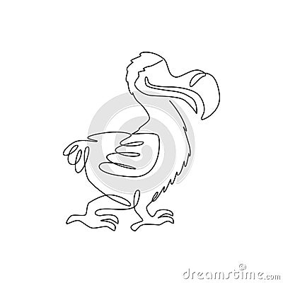 Single continuous line drawing of adorable cute dodo bird for logo identity. Historical animal mascot concept for national zoo Vector Illustration