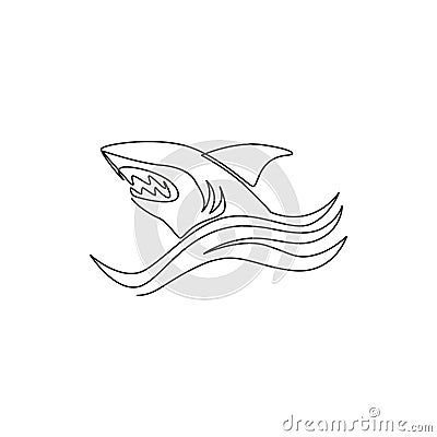 Single continuous line drawing of aggressive shark for nature adventure company logo identity. Wildlife sea fish animal concept Vector Illustration