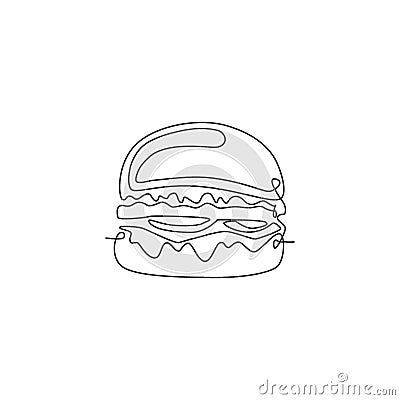 Single continuous line drawing of American burger logo label. Emblem fast food sandwich restaurant concept. Modern one line draw Vector Illustration