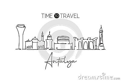 Single continuous line drawing of Antalya skyline, Turkey. Famous city scraper landscape. World travel destination home wall decor Vector Illustration