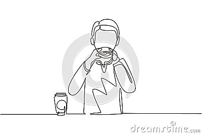 Single continuous line drawing Arabian boy having hamburger meal with hands around table. Enjoy and happy lunch when hungry. Vector Illustration