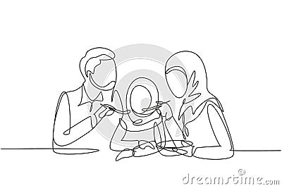 Single continuous line drawing Arabian family having fun together in restaurant. Parents feeds they daughter with love. Happy Vector Illustration