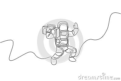 Single continuous line drawing of astronaut bringing vintage radio on shoulder in cosmic galaxy. Outer space music concert concept Vector Illustration