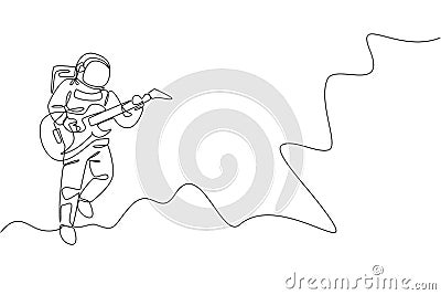 Single continuous line drawing of astronaut playing electric guitar musical instrument in cosmic galaxy. Outer space music concert Vector Illustration
