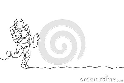 Single continuous line drawing of astronaut playing saxophone musical instrument in moon surface. Deep space music concert concept Vector Illustration