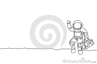 Single continuous line drawing of astronaut walking and holding retro radio with hand on moon surface. Outer space music concert Vector Illustration