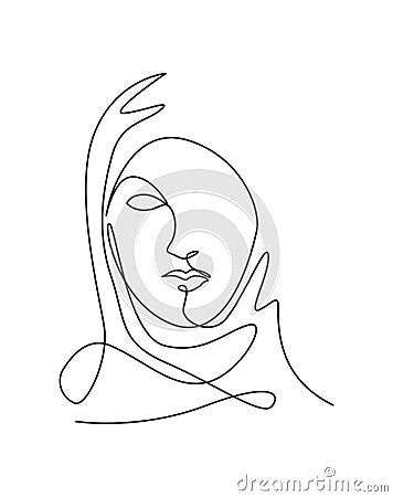 Single continuous line drawing beautiful aesthetic portrait woman abstract face. Pretty female silhouette in hijab minimalist Cartoon Illustration