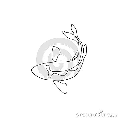 Single continuous line drawing of beautiful exotic koi fish for natural pond garden logo identity. Asian typical carp beauty fish Vector Illustration