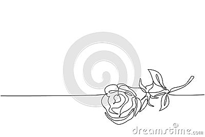 Single continuous line drawing of beautiful fresh romantic rose flower. Dynamic greeting card, invitation, logo, banner, poster Vector Illustration