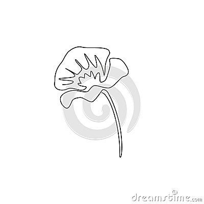 Single continuous line drawing of beauty fresh flowering plant for poster wall decor home art. Printable decorative poppy flower Vector Illustration