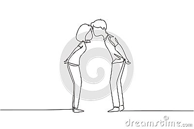 Single continuous line drawing boy and girl in love and kissing. Young couple lovers kissing. Happy man and woman celebrating Vector Illustration