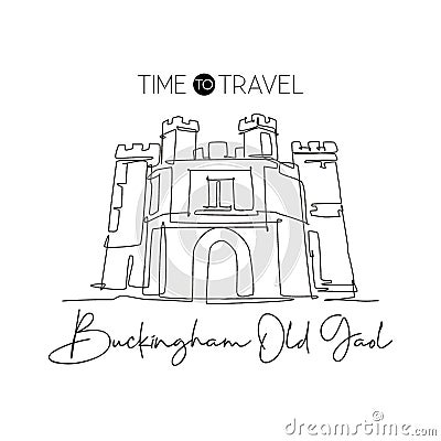 Single continuous line drawing Buckingham Old Gaol. Famous museum in Buckinghamshire, England. World travel home decor wall art Vector Illustration