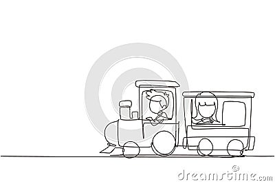 Single continuous line drawing cheerful boy and girl riding on train at amusement park. Happy kids riding toy train or having Vector Illustration