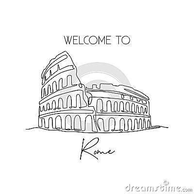 Single continuous line drawing Colosseum amphitheater. Iconic landmark place in Rome, Italy. World travel home decor wall art Vector Illustration