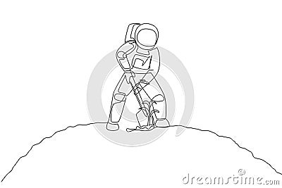 Single continuous line drawing of cosmonaut digging up soil using metal shovel in moon surface. Galaxy astronaut farming life Vector Illustration