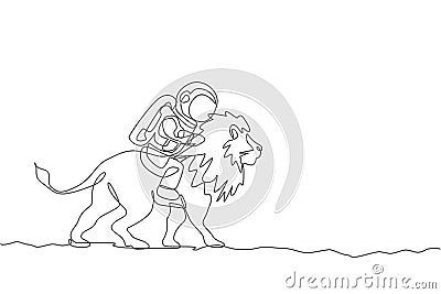 Single continuous line drawing of cosmonaut with spacesuit riding lion, wild animal in moon surface. Fantasy astronaut safari Vector Illustration