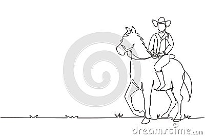 Single continuous line drawing cowboy riding standing horse at desert. Man with cowboy hat riding horse. Senior men pose elegance Vector Illustration