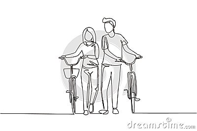 Single continuous line drawing cyclists walking down forest road with their bicycles on summer day. Young man and woman in love. Vector Illustration