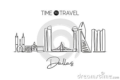 Single continuous line drawing of Dallas city skyline, USA. Famous city scraper and landscape. World travel concept home wall Cartoon Illustration