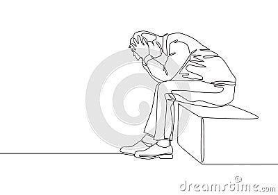 Single continuous line drawing of depression young worker sitting on chair and holding his head because of confused. Work pressure Cartoon Illustration