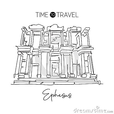 Single continuous line drawing Ephesus Ancient Greek landmark. Beauty famous place in SelÃ§uk Ismir, Turkey. World travel wall Vector Illustration