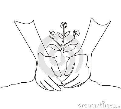 Single continuous line drawing farmer hands growing young money tree. Money tree investment growth income interest savings economy Vector Illustration