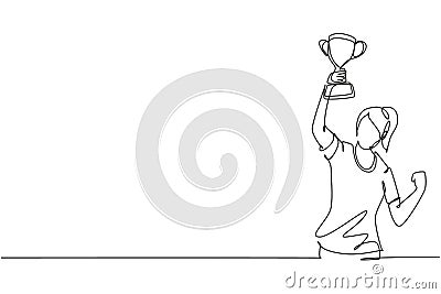 Single continuous line drawing female athlete in sports jersey holding gold trophy with one hand. Celebrating victory of national Vector Illustration