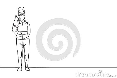 Single continuous line drawing female welder stands with call me gesture and face shield is removed ready to work in iron workshop Vector Illustration