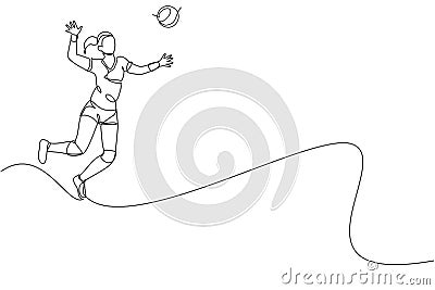 Single continuous line drawing of female young volleyball athlete player in action jumping spike on court. Team sport concept. Cartoon Illustration