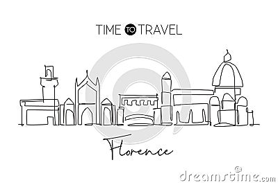 Single continuous line drawing of Florence city skyline, Italy. Famous skyscraper landscape in world. World travel concept wall Vector Illustration