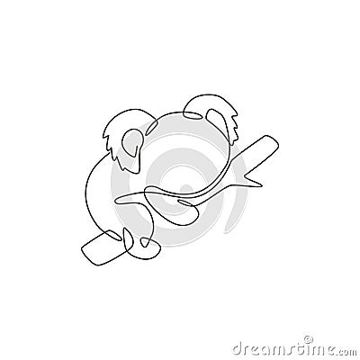 Single continuous line drawing of funny koala for kid toys shop logo identity. Little bear from Australia mascot concept for Vector Illustration