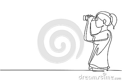 Single continuous line drawing girl looking in distance with binoculars. Enjoy beauty of nature as far as the eye can see. Find Vector Illustration