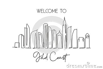 Single continuous line drawing of Gold Coast city skyline, Australia. Famous city landscape. World travel concept wall home decor Vector Illustration