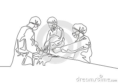 Single continuous single line drawing group of team surgeon doctor doing surgery to the critical patient at surgical operation Vector Illustration