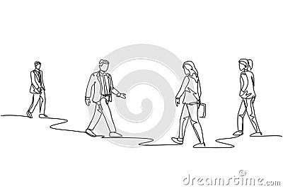 Single continuous line drawing of group urban commuters walking pass over and over again on city street go to the office. Urban Cartoon Illustration