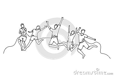 Single continuous line drawing of group of young happy male and female jumping together to celebrate their vacation. Traveling Vector Illustration