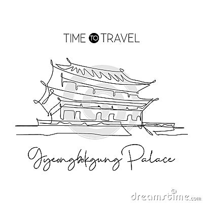 Single continuous line drawing Gyeongbokgung Palace landmark. Beautiful famous place in Seoul, Korea. World travel home wall decor Vector Illustration