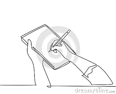 Single continuous line drawing of hand gesture fast writing on paper at clipboard. Business to do list write on notebook concept. Cartoon Illustration