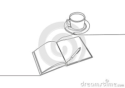 Single continuous line drawing of hand gesture writing on an open book beside a cup of coffee at work desk. Writing draft business Vector Illustration