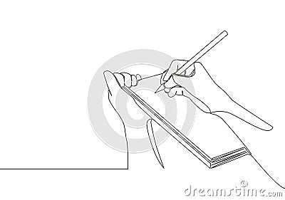 Single continuous line drawing of hand gesture writing on paper at clipboard. Business to do list write on notebook concept Vector Illustration