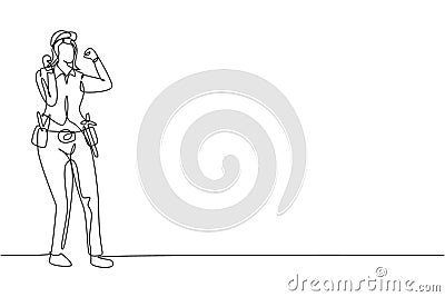 Single continuous line drawing handywoman stands with celebrate gesture and tools such as pliers, screwdriver, hammer that is Vector Illustration