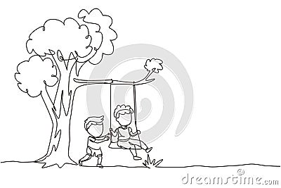 Single continuous line drawing happy two boys playing on tree swing. Cheerful kids on swinging under a tree. Children playing at Vector Illustration