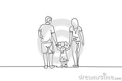 Single continuous line drawing of happy young father and mother lead their daughter walking together, holding her hands. Happy Vector Illustration