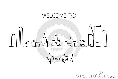 Single continuous line drawing Hartford city skyline, Connecticut. Famous city scraper landscape. World travel home wall decor art Vector Illustration