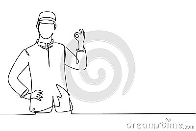 Single continuous line drawing hotel doorman in neat uniform with gesture okay. Serve guests friendly and warm manner. Vector Illustration