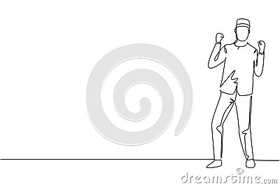 Single continuous line drawing hotel doorman stood with celebrate gesture and uniform working with great service and hospitality. Vector Illustration